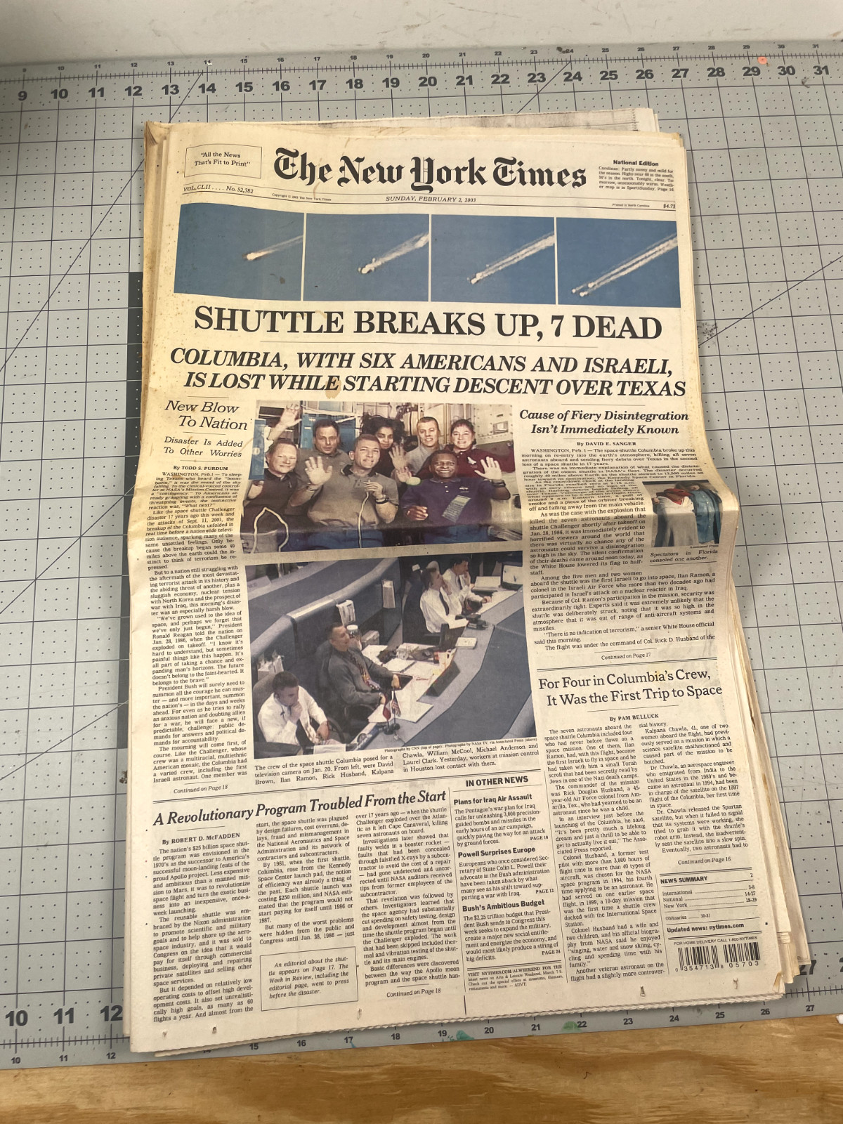 New York Times No 52,382 Shuttle Breaks Up Columbia Space Shuttle Feb 2 2003