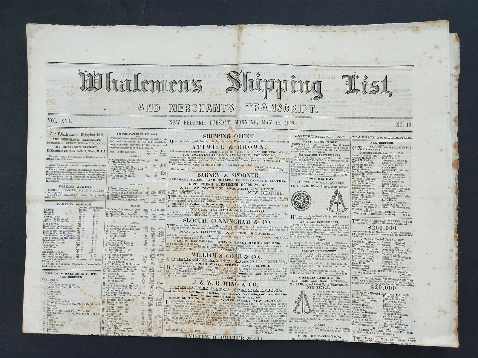 1858 antique WHALEMEN’S SHIPPING LIST NEWSPAPER new bedford ma May18 sperm whale