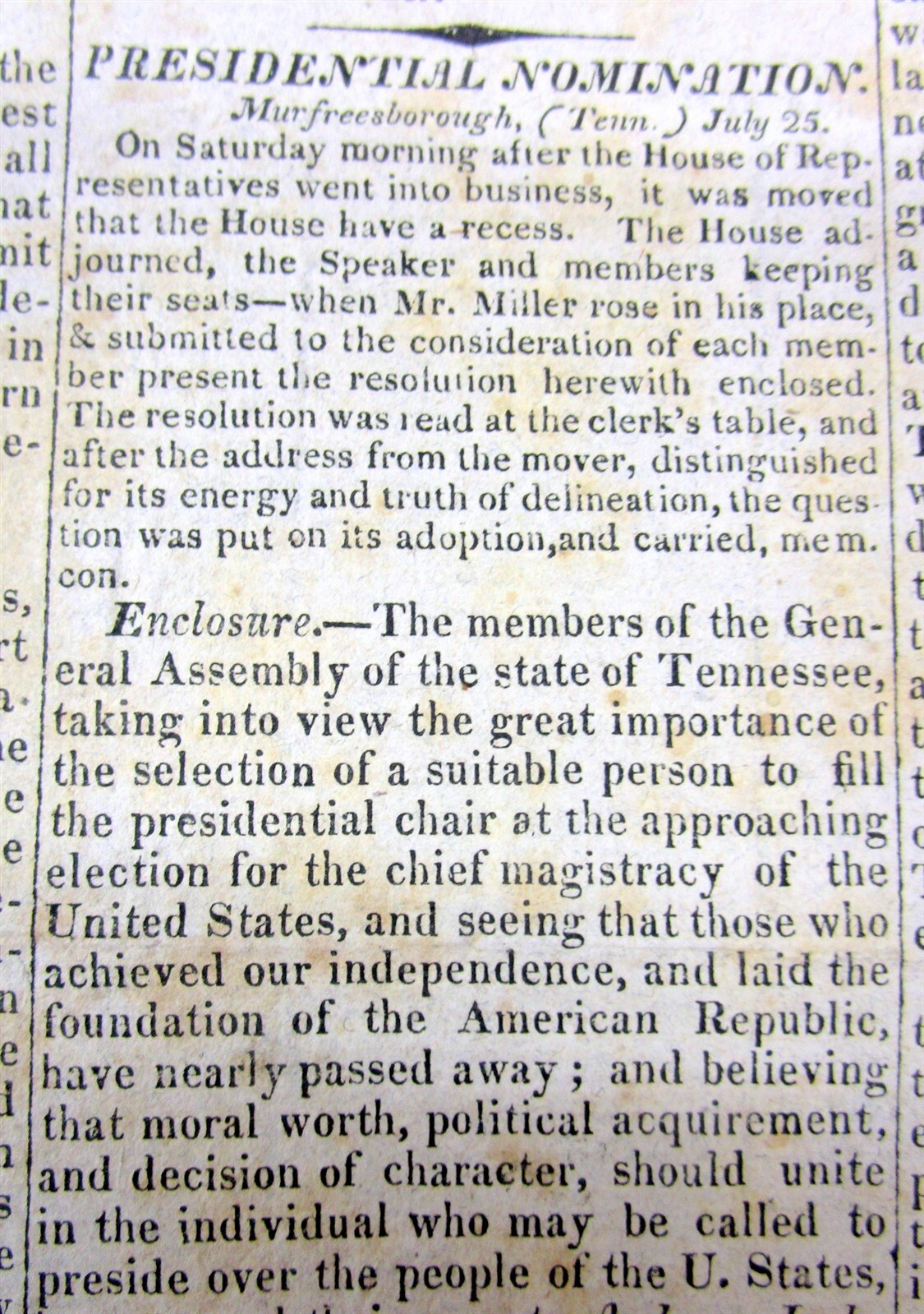 1822 newspaper ANDREW JACKSON NOMINATED for US PRESIDENT by TENNESSEE Seneca Ind