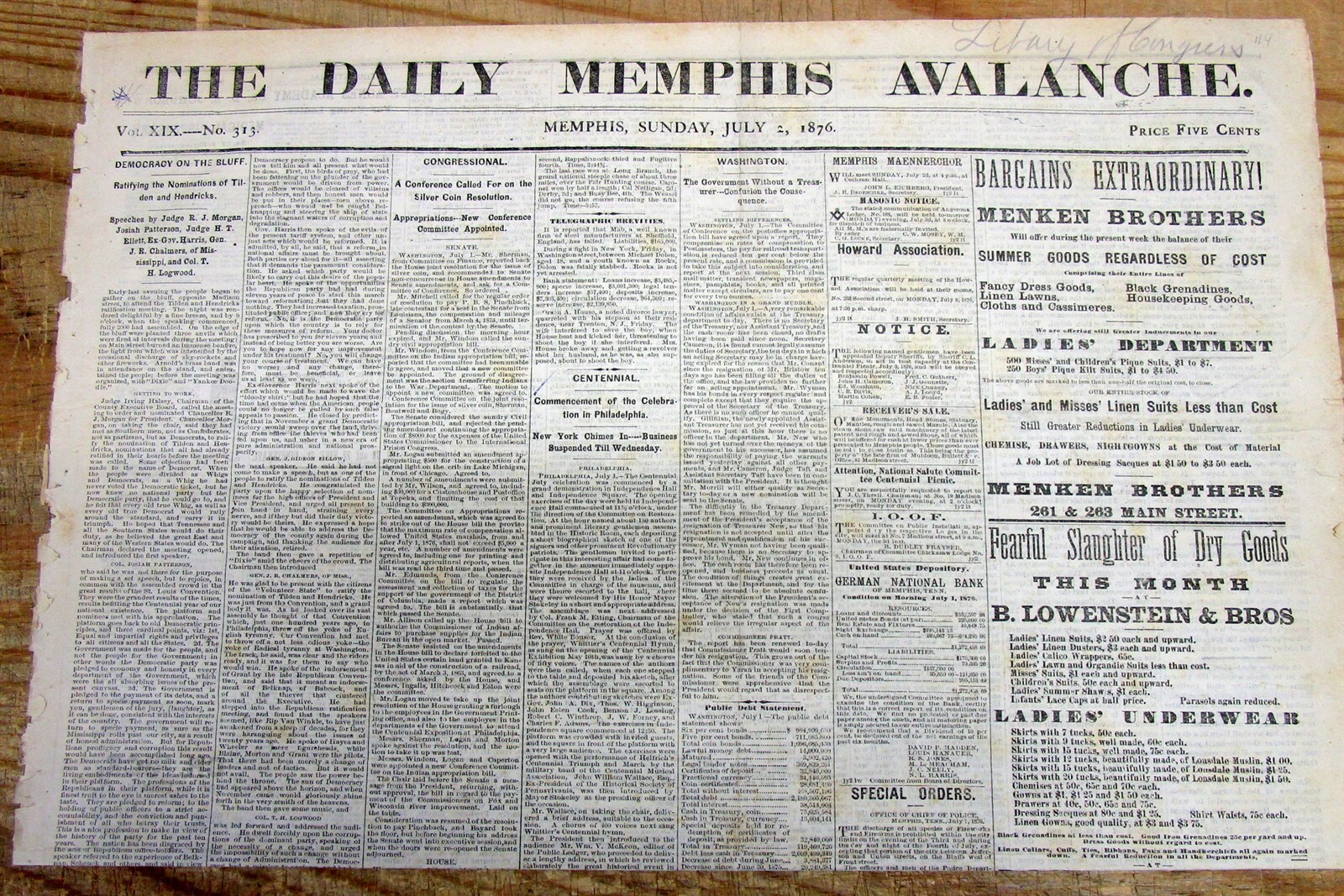1876 Memphis TENNESSEE newspaper w headline THE US CENTENIAL CELEBRATION begins