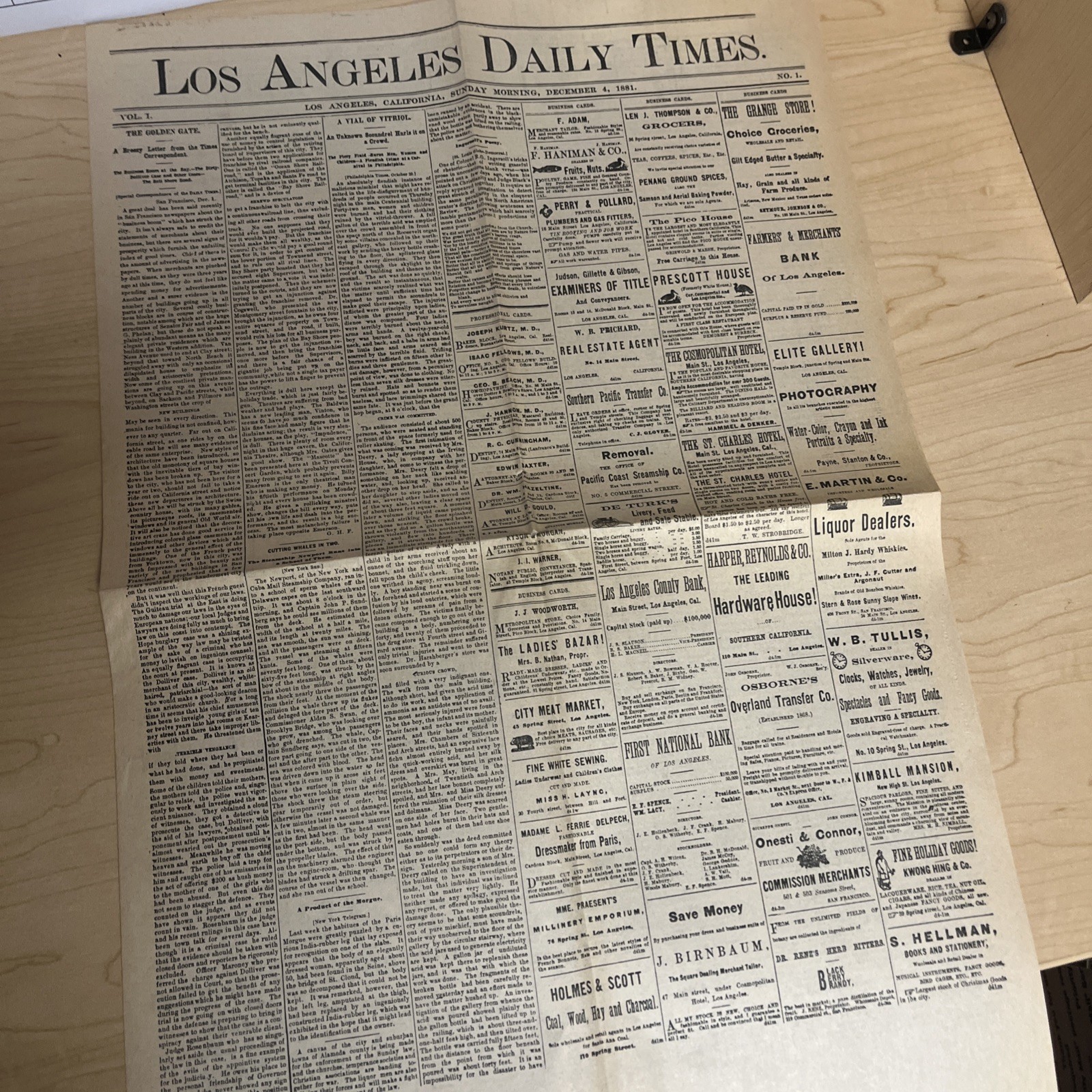 Los Angeles LA Times Newspaper No. 1 Vol. 1 Reproduction December 4, 1881