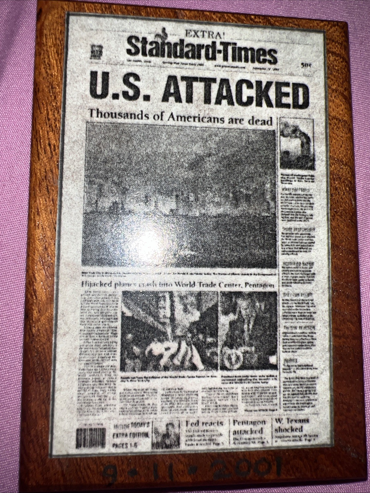 9/11 Memorabilia Mini Wood Plaque Standard-Times Newspaper US Attacked 2″x3″