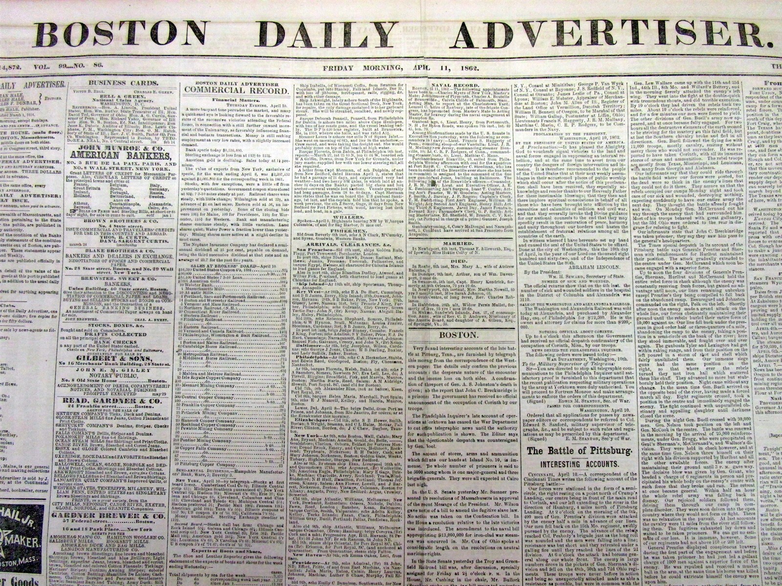 1862 Civil War display newspaper w BATTLE of SHILOH Pittsburg Landing TENNESSEE