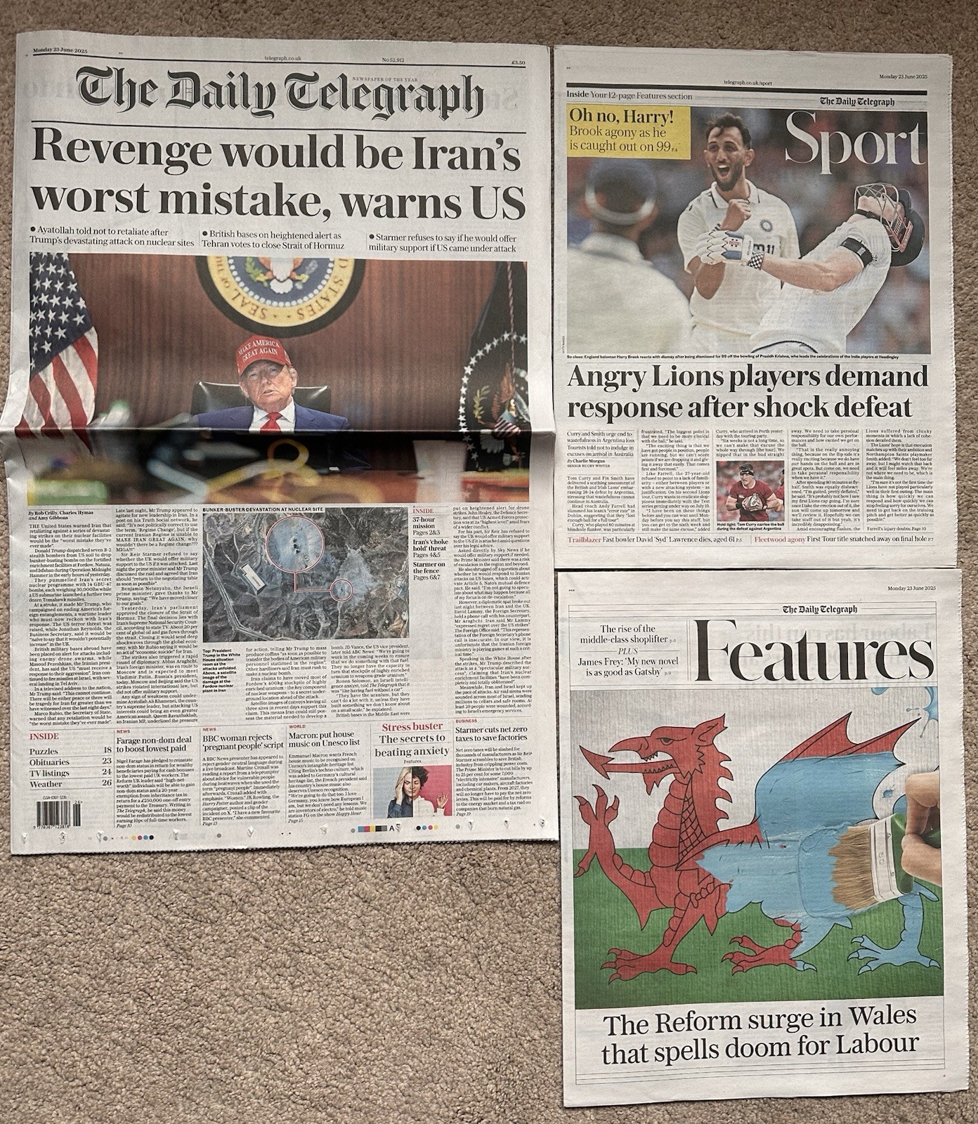 The Daily Telegraph 23rd June 2025 23/6/25 Iran Vows Revenge After USA Attack