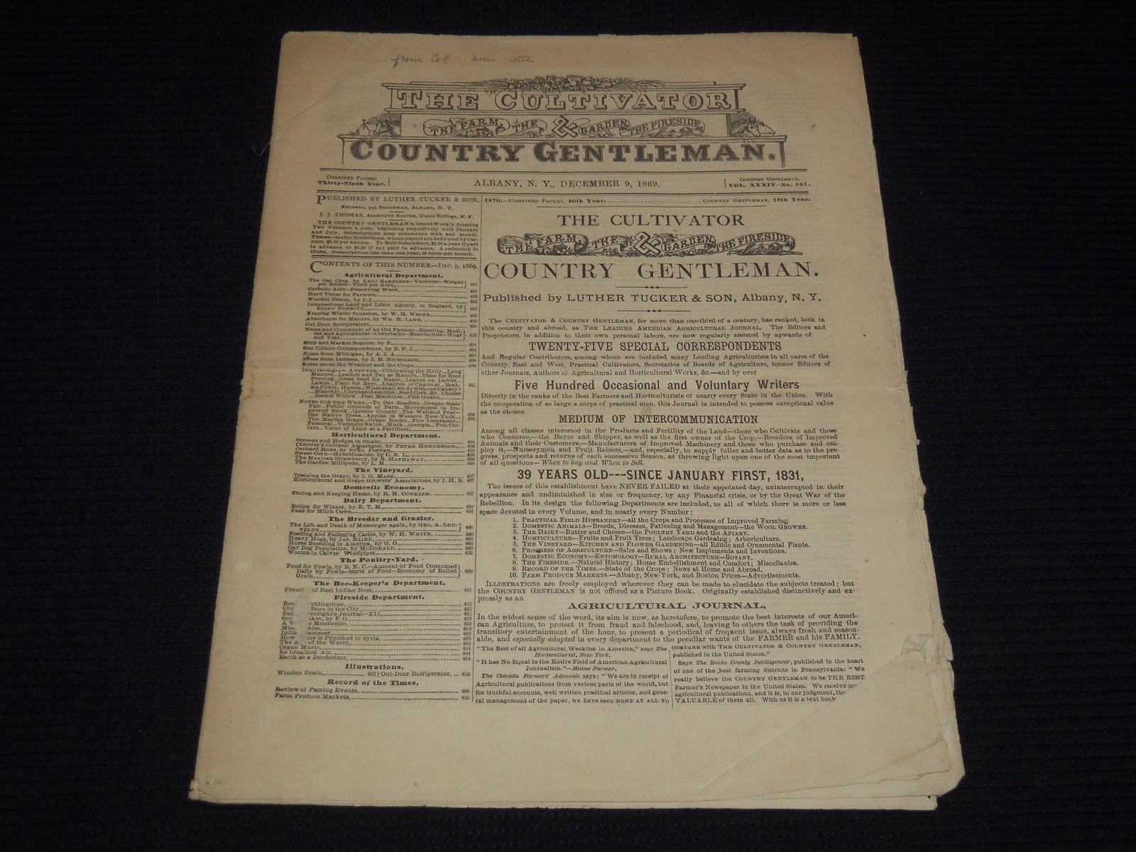 1869 DECEMBER 9 THE CULTIVATOR COUNTRY GENTLEMAN MAGAZINE – ALBANY NY – NP 4252Q