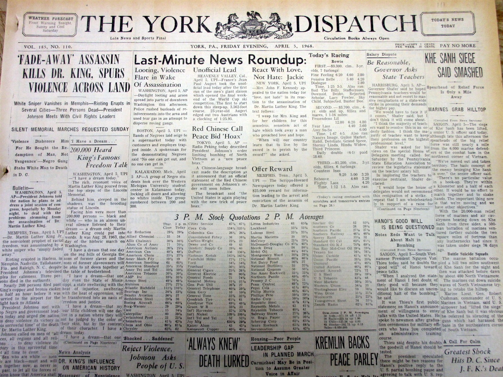1968 newspaper DR MARTIN LUTHER KING, JR is ASSASSINATED in MEMPHIS Tennessee