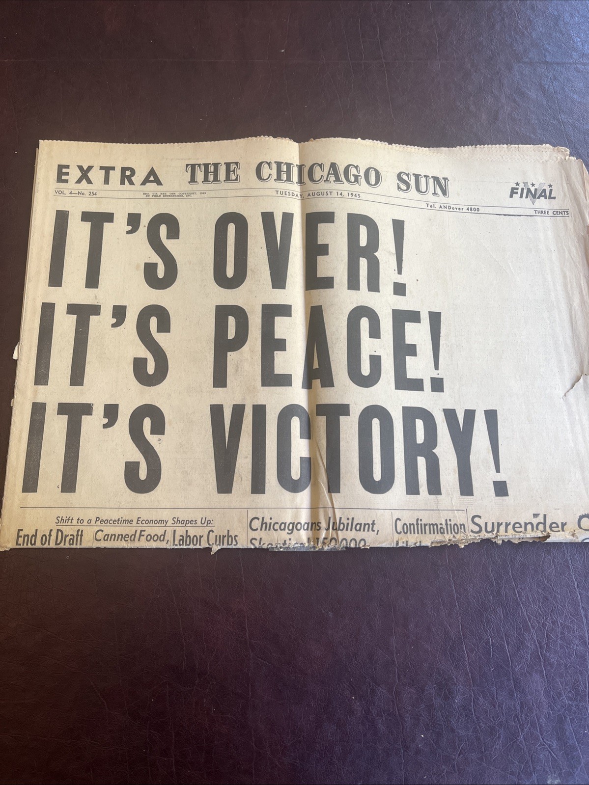 August 14 1945 Chicago Sun Extra Peace Victory End Of World War II