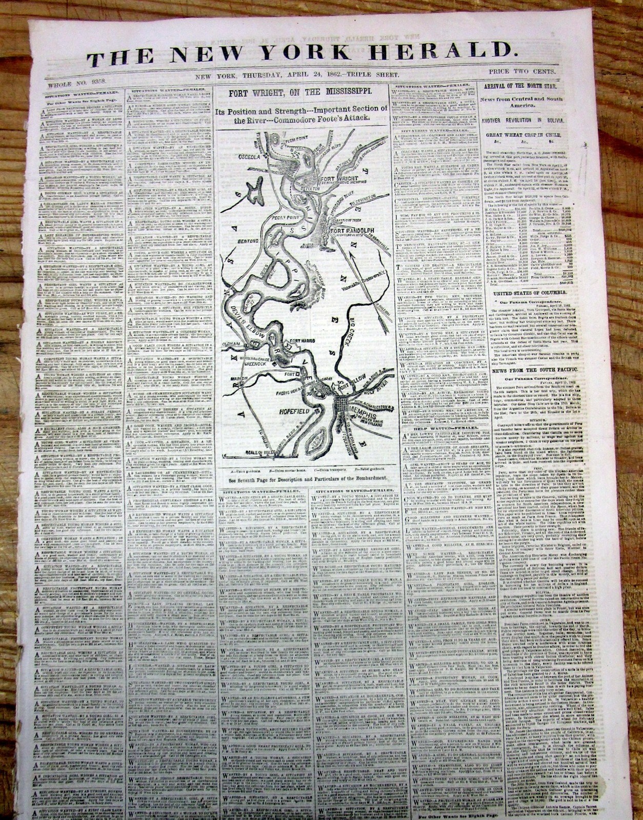 1862 Civil War newspaper w MAP MEMPHIS Tennessee -Ft Wright on MISSISSIPPI RIVER