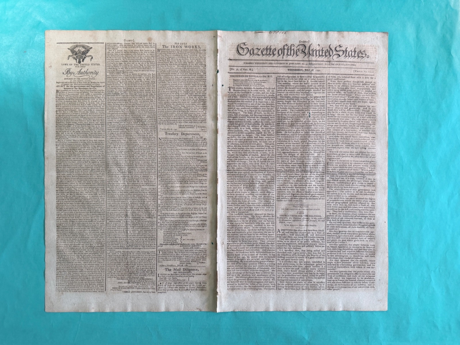 1790 Gazette US NY July 28 J. ADAMS-Davila, WASHINGTON, JEFFERSON, HAMILTON