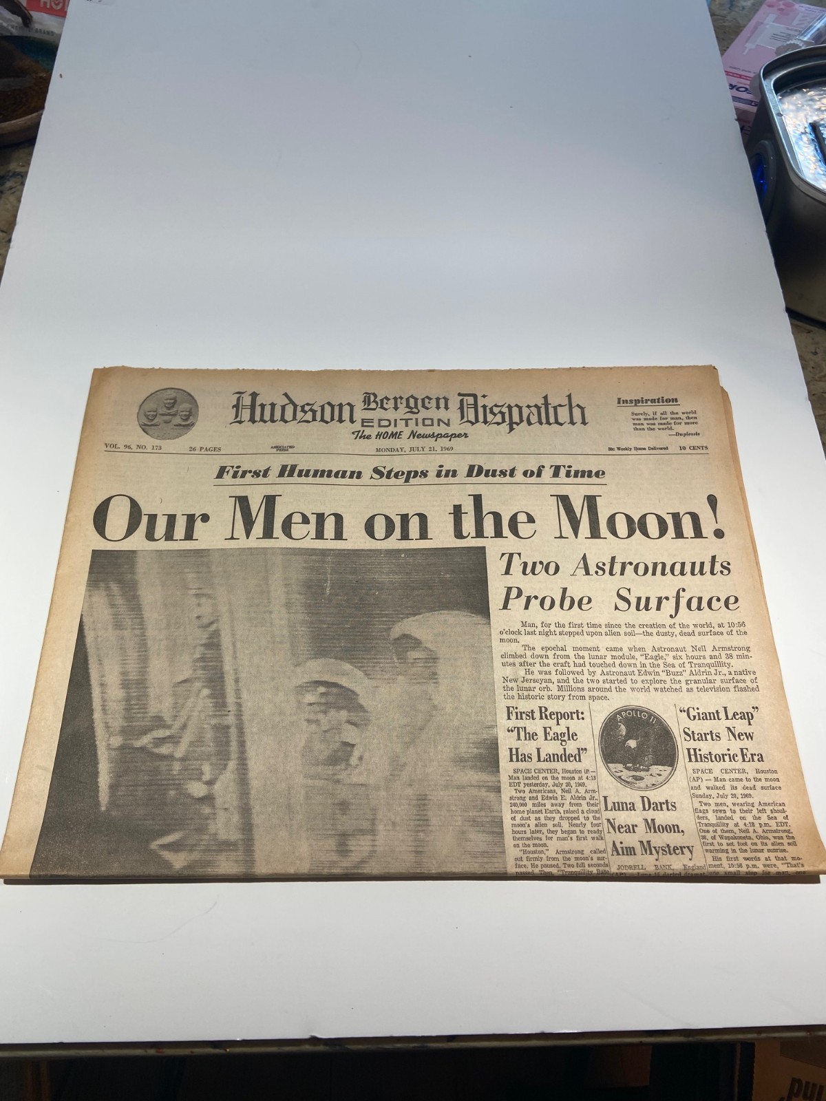 Hudson Dispatch Newspaper Our Men on the Moon July 21, 1969