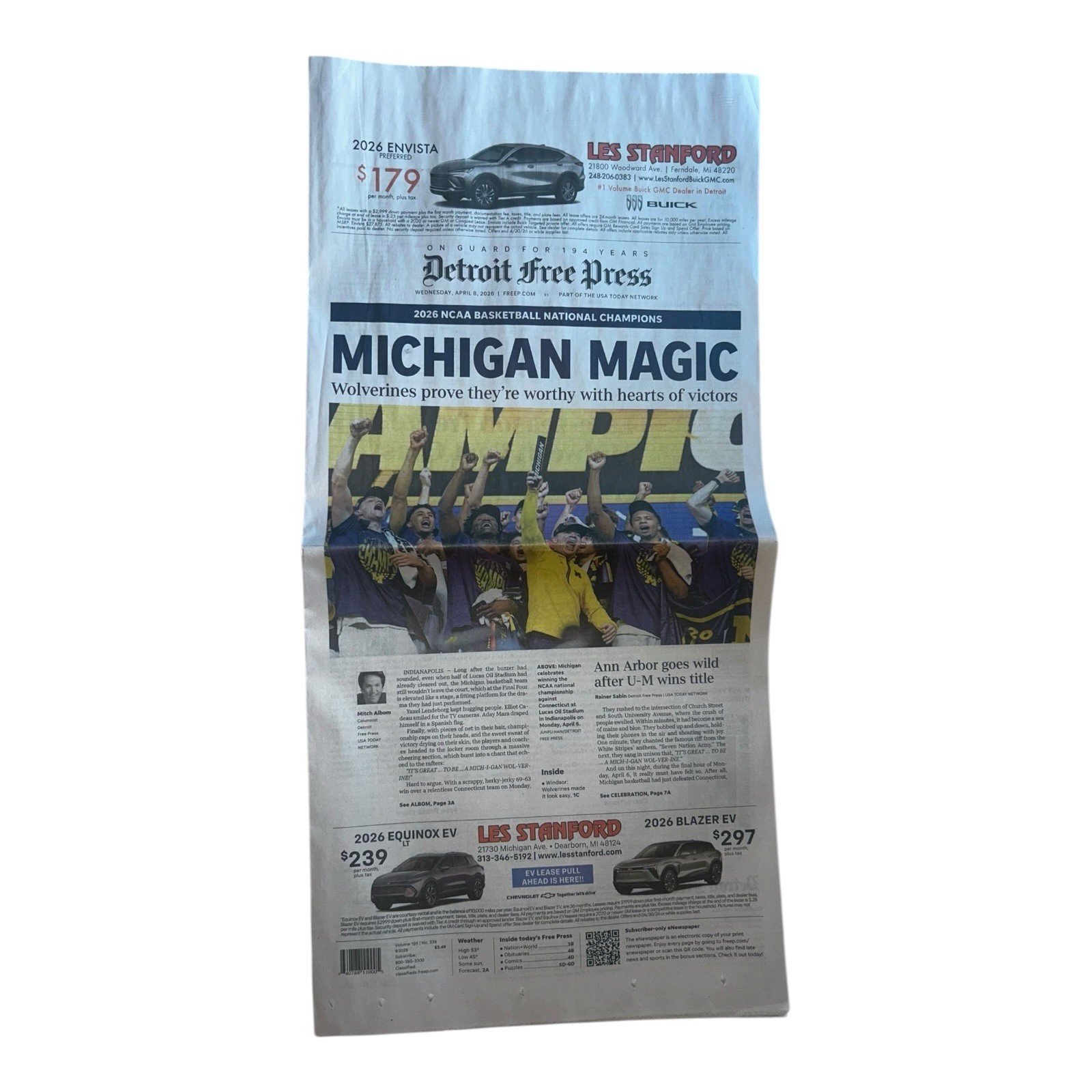 Detroit News & Free Press 2026 Michigan Basketball National Champions Newspaper