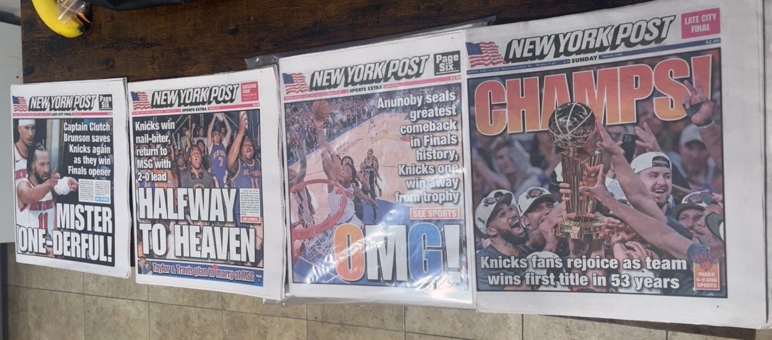 KNICKS NBA CHAMPIONS NEW YORK POST Newspapers WINS Games 1,2,3,5 Series Finals