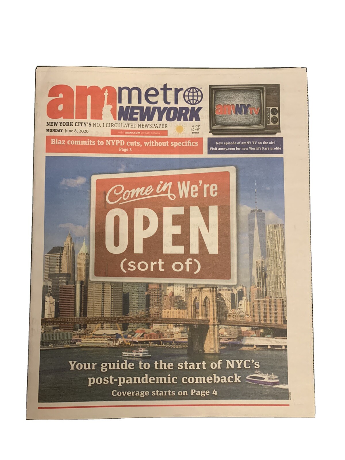 AM New York Newspaper 6/8/20 – NYC Open For Business AMNY City ?