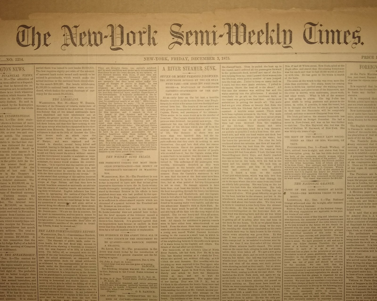 New York Semi-Weekly Times Newspaper – December 3, 1875 – Whiskey Ring Trials