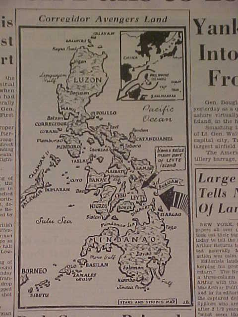 VINTAGE NEWSPAPER HEADLINE~ WORLD WAR 2 Mac ARTHUR RETURNS PHILIPPINES WWII 1944