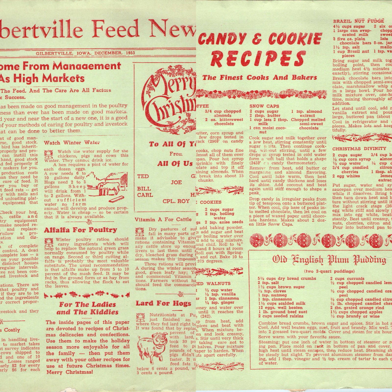 1953 Gilbertville Feed News IA Bifold Newsletter Christmas Candy Cookie Recipes