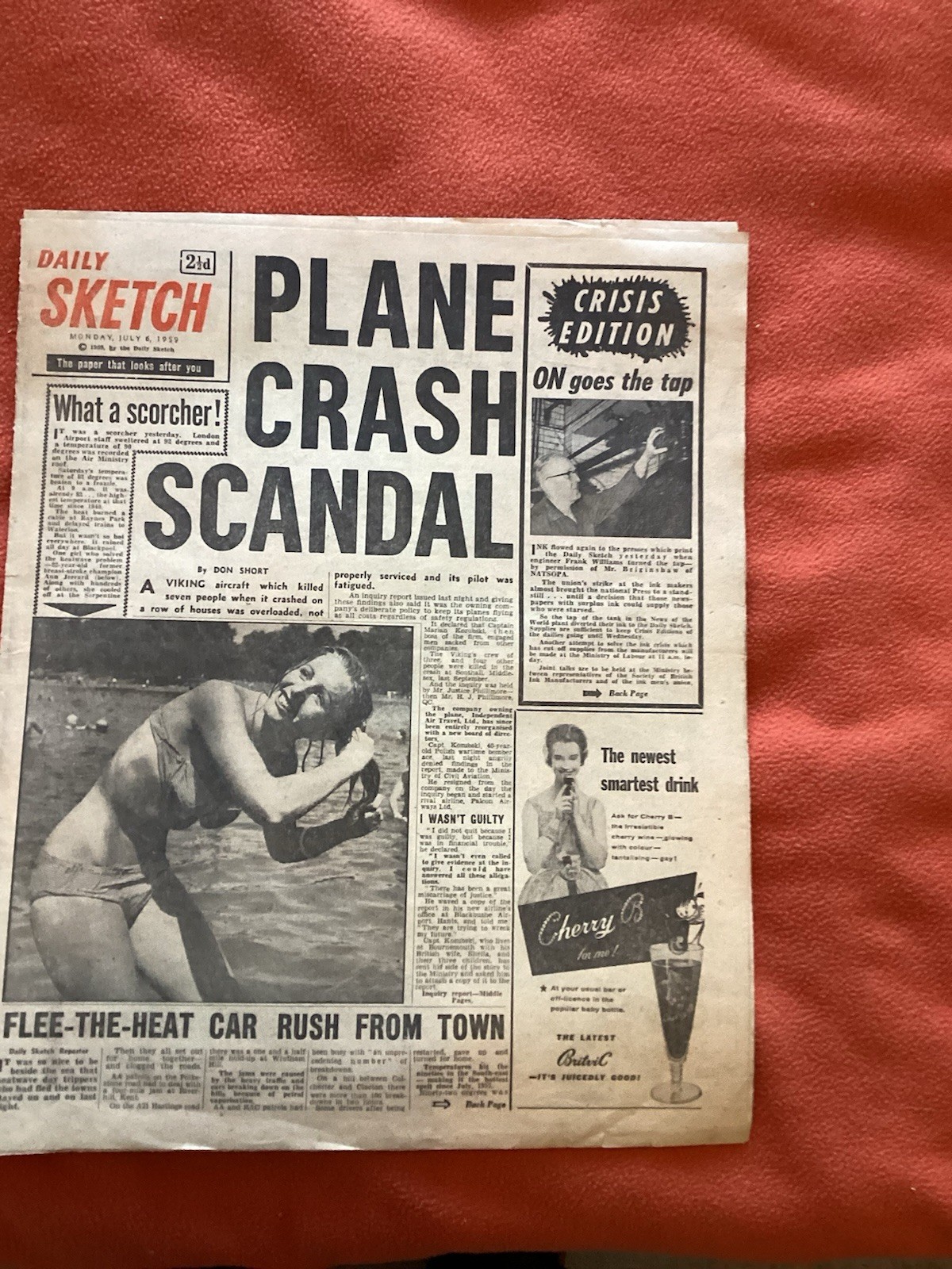Plane Crash Stirling Moss Crash Sketch July 6 1959 Original Newspaper