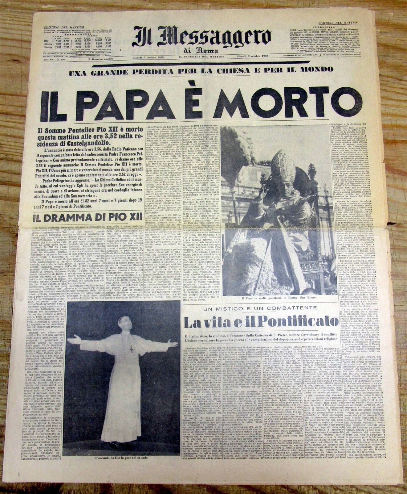 Best 1958 Rome ITALY display newspaper announcing the DEATH of POPE PIUS XII