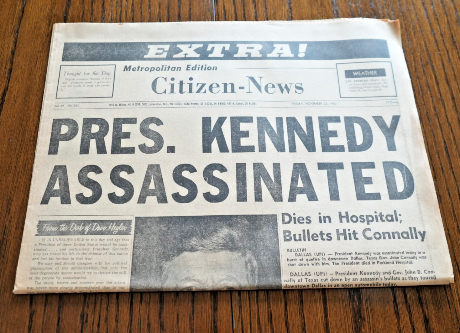 *RARE 1963 President Kennedy Assassinated HOLLYWOOD CITIZEN NEWS Newspaper CLEAN