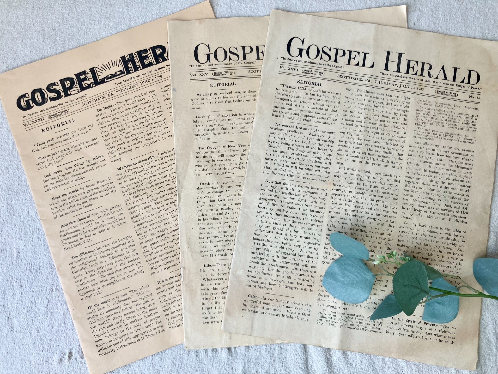 3 VTG Gospel Herald Christian Newspapers 1930s Mennonite Publisher Ephemera