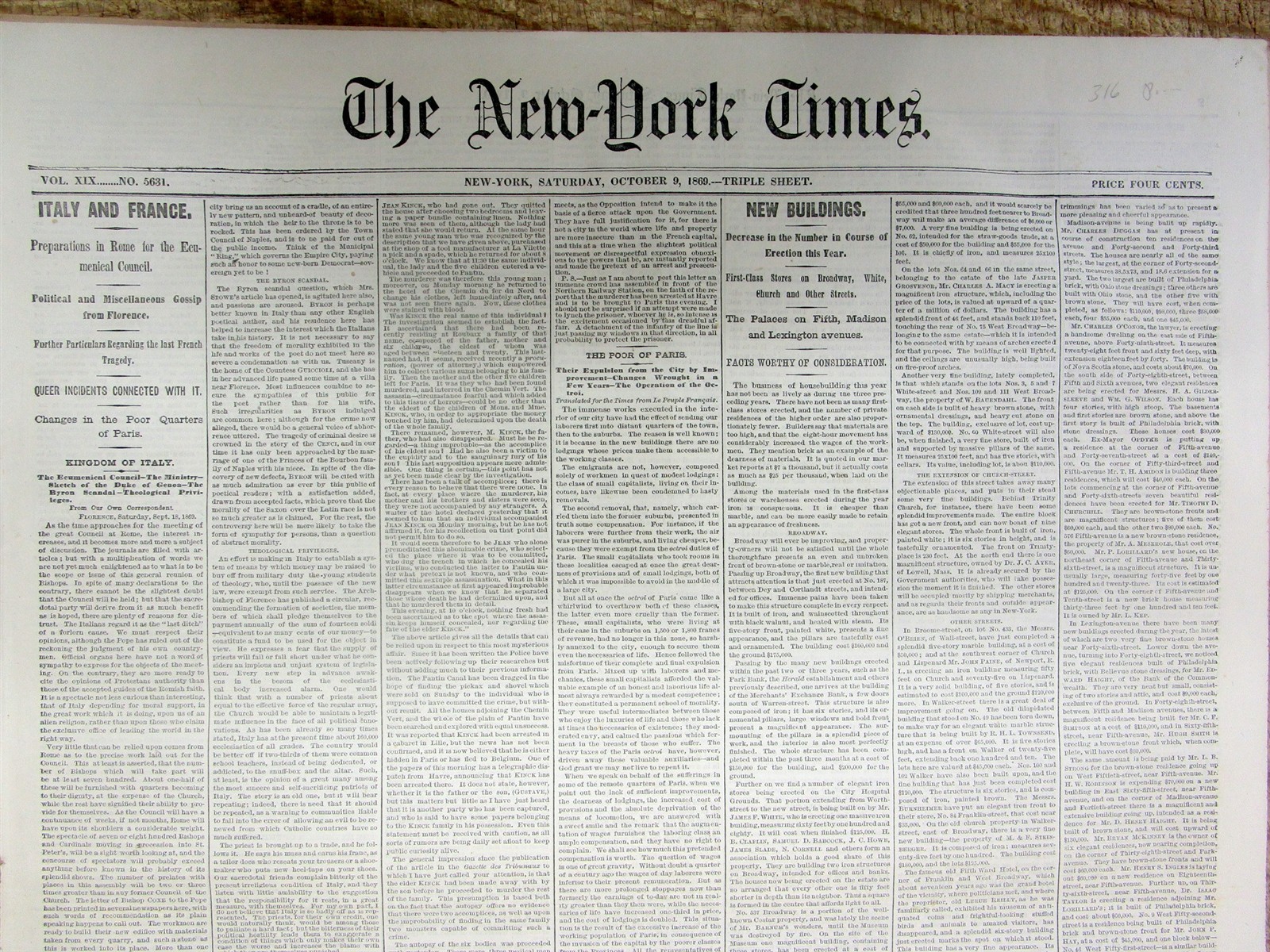 2 1869 NY Times newspapers with DEATH & FUNERAL of Ex-PRESIDENT FRANKLIN PIERCE