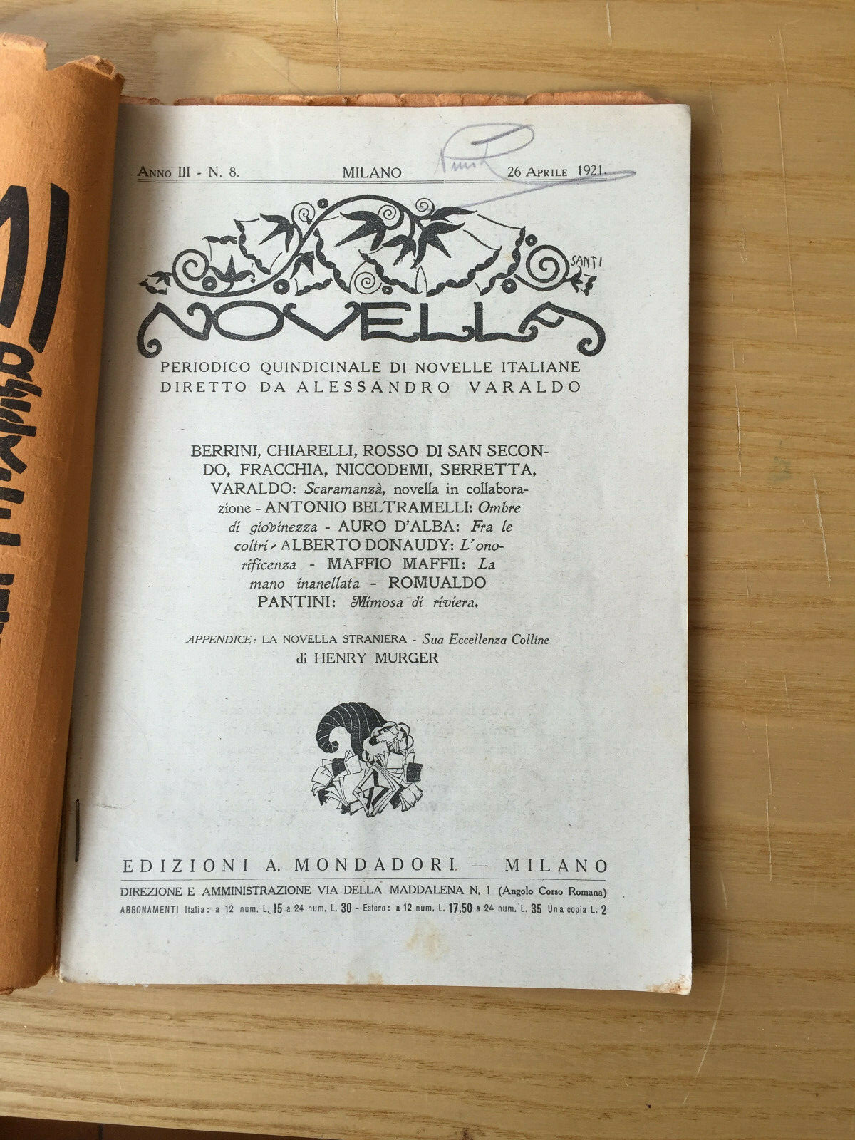 MONDADORI NOVELLA PERIODICAL ITALIAN WRITERS N° 8 1921 DONAUDY – ACCEPTABLE