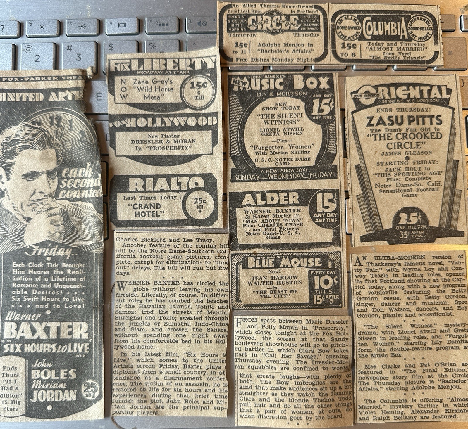 12/14/1932 Portland Oregon 9-piece newspaper Movie Ads & Bits