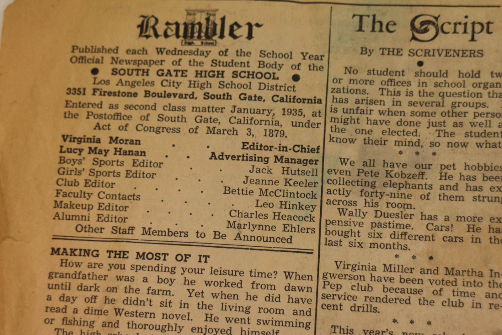 1937 South Gate California High School RAMBLER Newspaper Oct.13, 1937