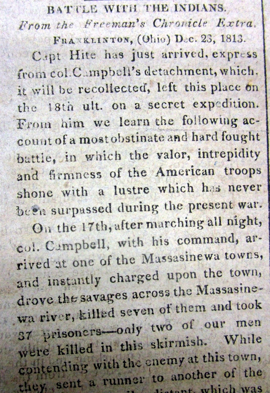 2 War of 1812 newspapers BATTLE OF MISSISSINEWA Indiana NATIVE AMERICAN INDIANS