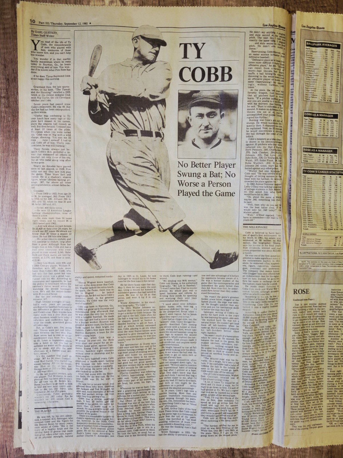 1985 Sep 12: LA Times Sports MLB Reds Pete Rose Breaks Hit Record Passes Ty Cobb