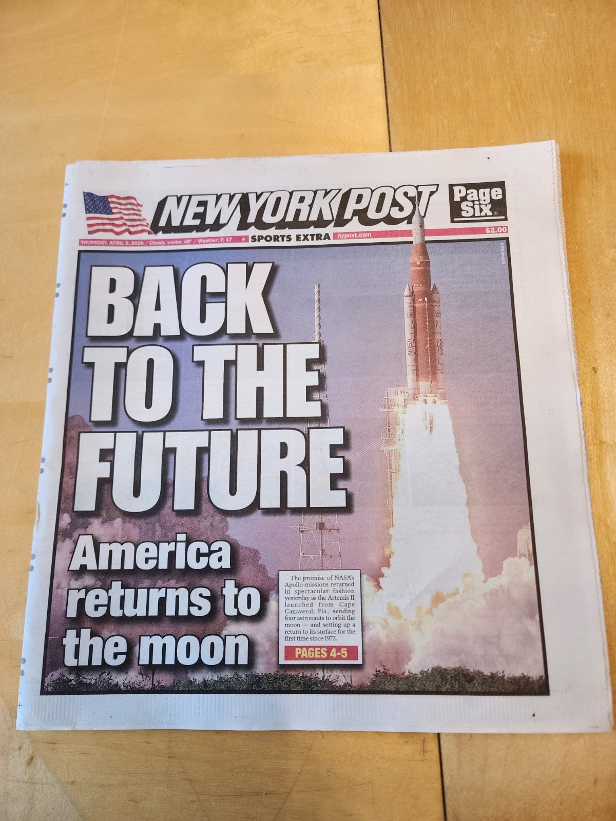 The New York Post Thursday April 2 2026 BACK TO THE FUTURE America Returns To