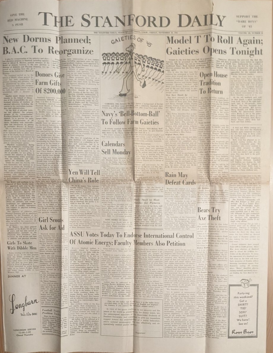 Vintage Stanford Daily Newspaper Nov. 16 1945 Atomic Energy Vote Dorms Planned