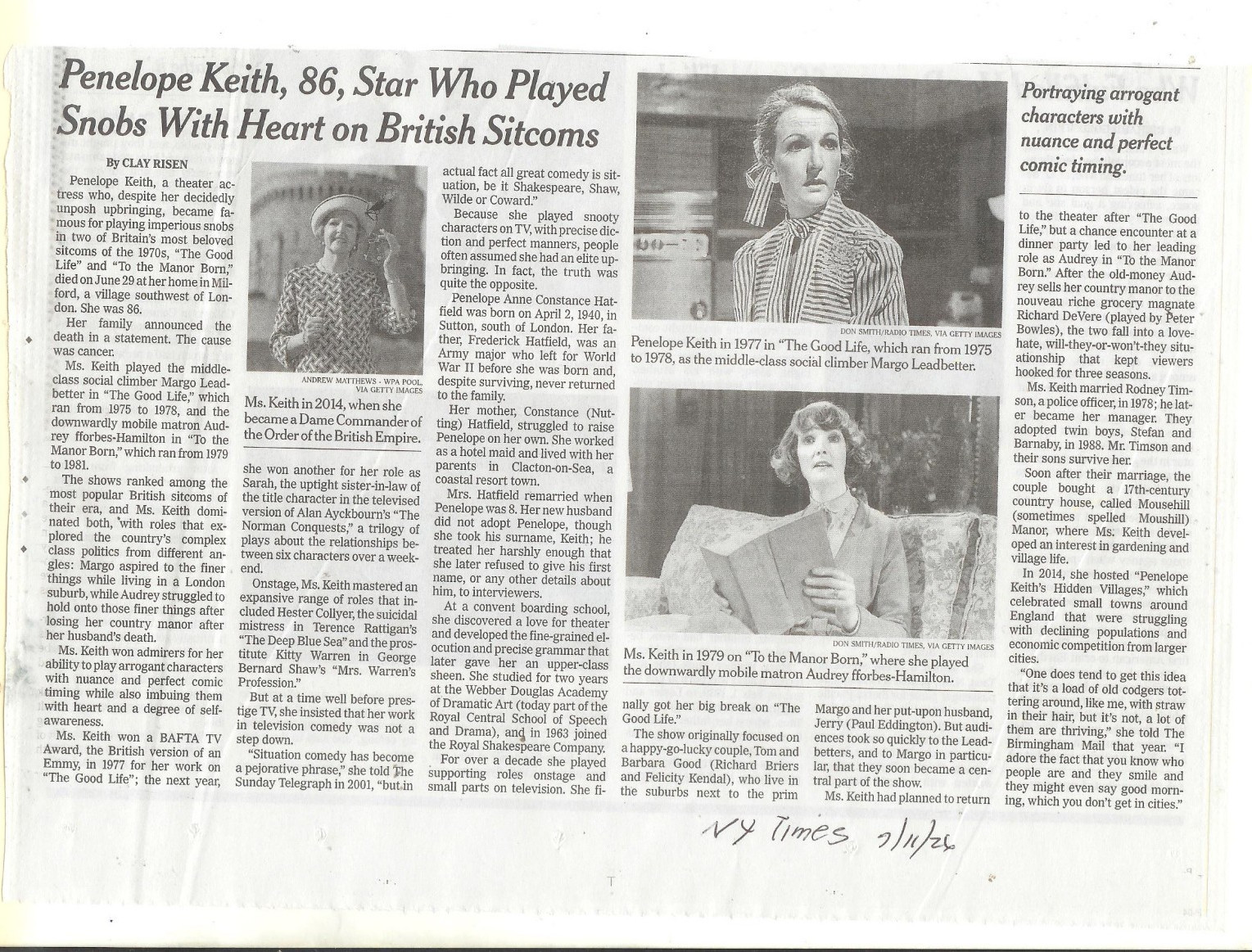 Penelope Keith Obituary – NY Times – British Sitcom Actress -July 11, 2026