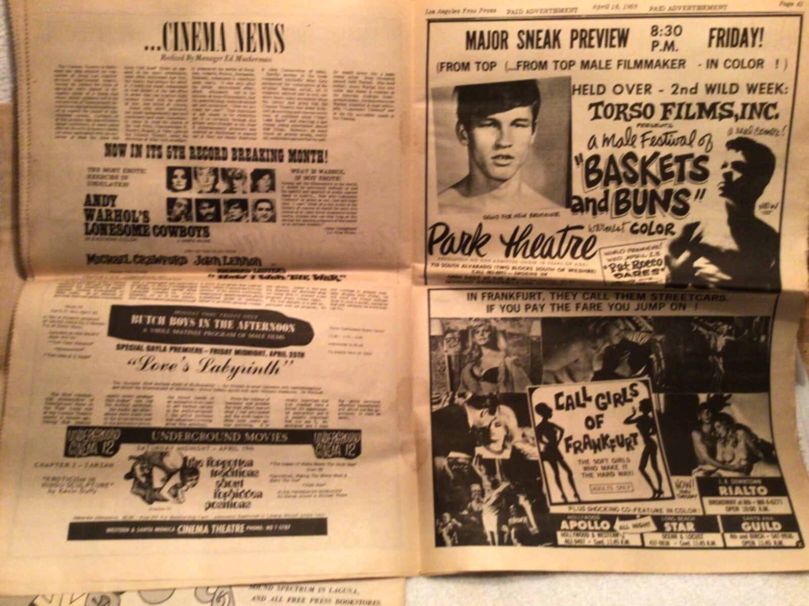 Vtg. Los Angeles Free Press Underground Newspaper April 1969 Hippies Great Ads