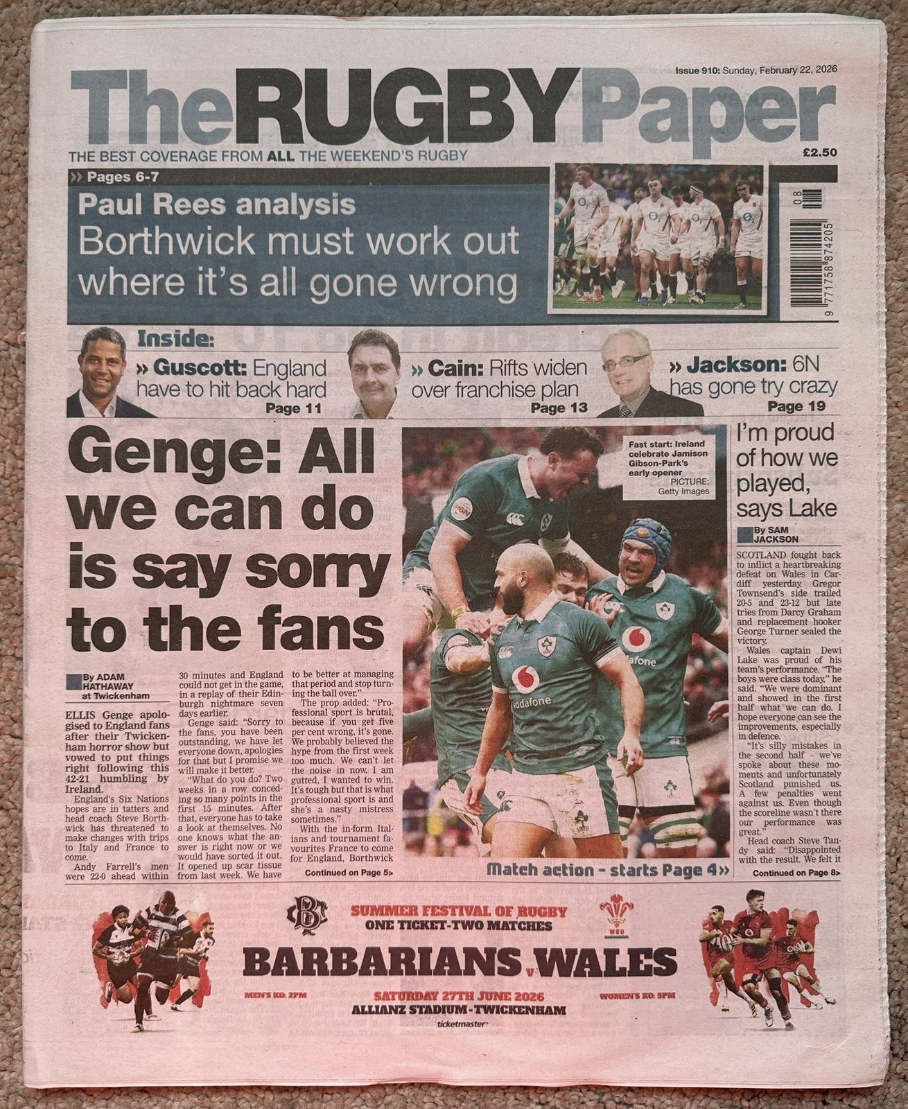 The Rugby Paper 22nd February 2026 22/2/26 Ireland Beat England In Six Nations