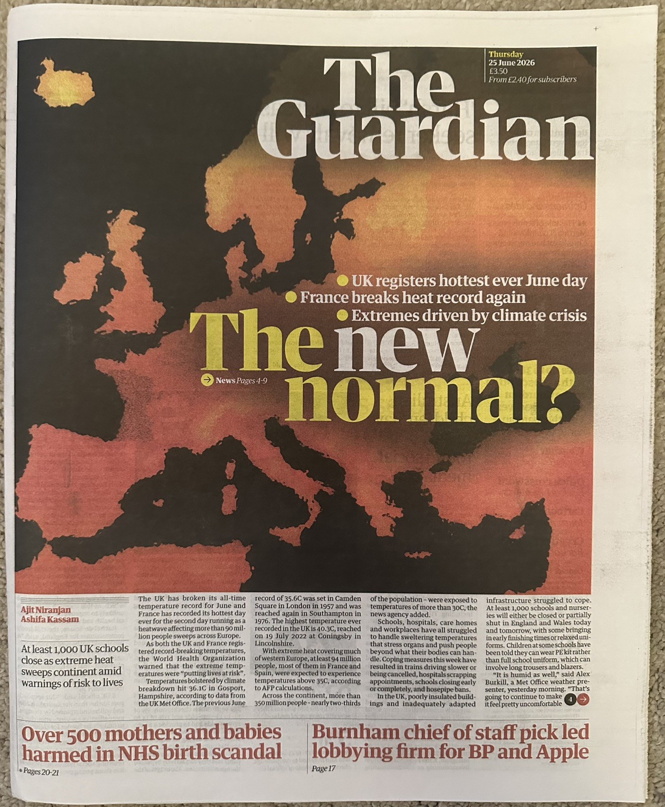 The Guardian 25th June 2026 25/6/26 UK & European Heatwave Continues