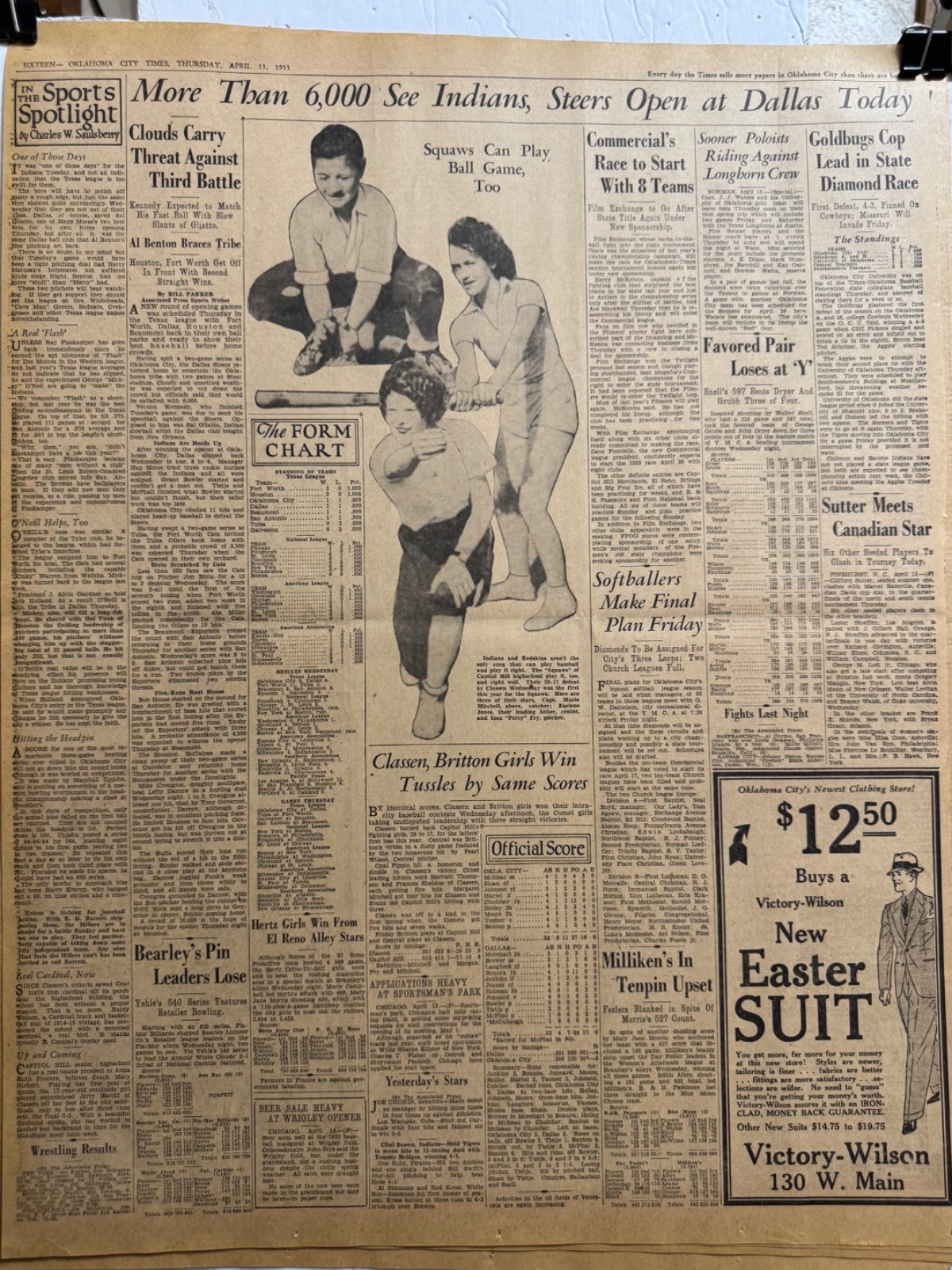 1933 CAPITOL HILL HIGHSCHOOL OKLA. CITY SQUAW GIRLS BASEBALL PLAYERS NEWSP. PAGE