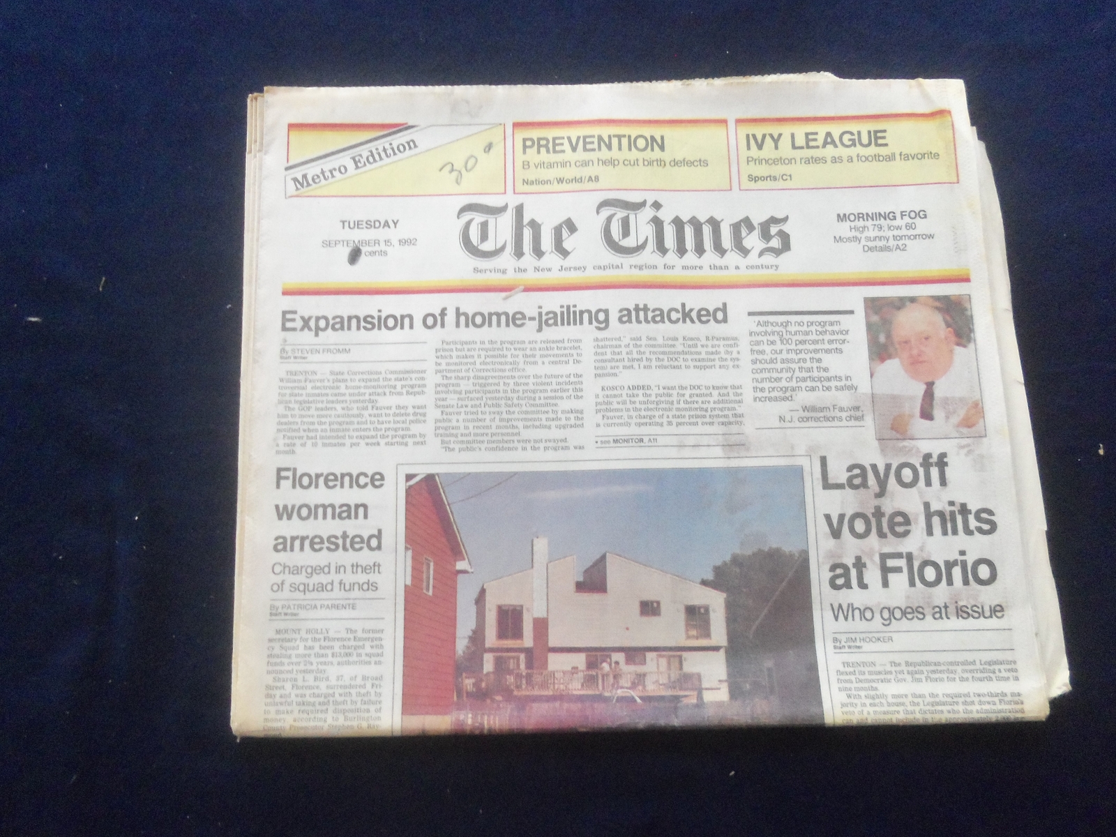 1992 SEP 15 THE TIMES NEWSPAPER-TRENTON, NJ-LAYOFF VOTE HITS AT FLORIO – NP 6122
