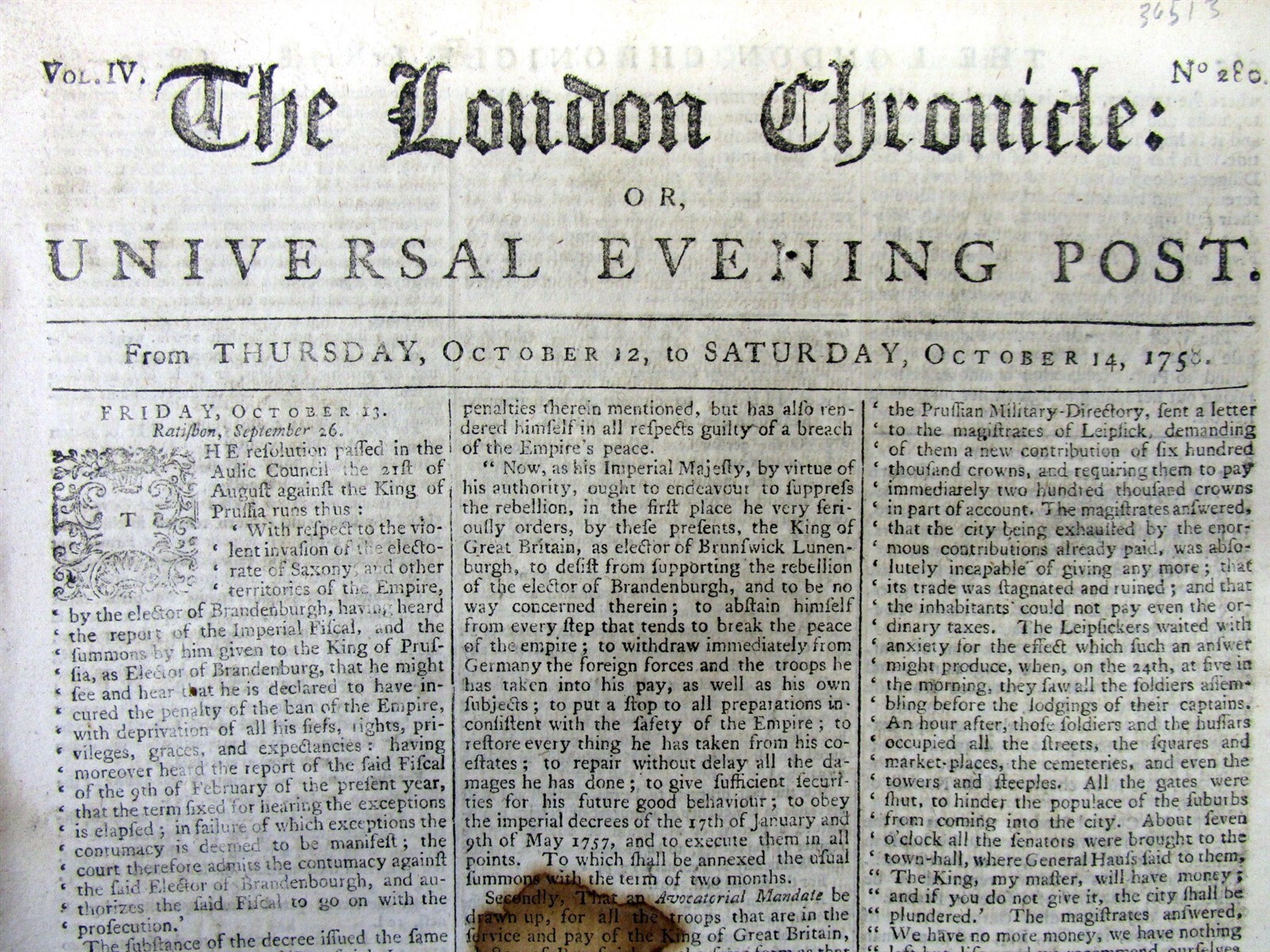 1758 FRENCH & INDIAN WAR newspaper FORT FRONTENAC CAPTURED Siege of Louisbourg