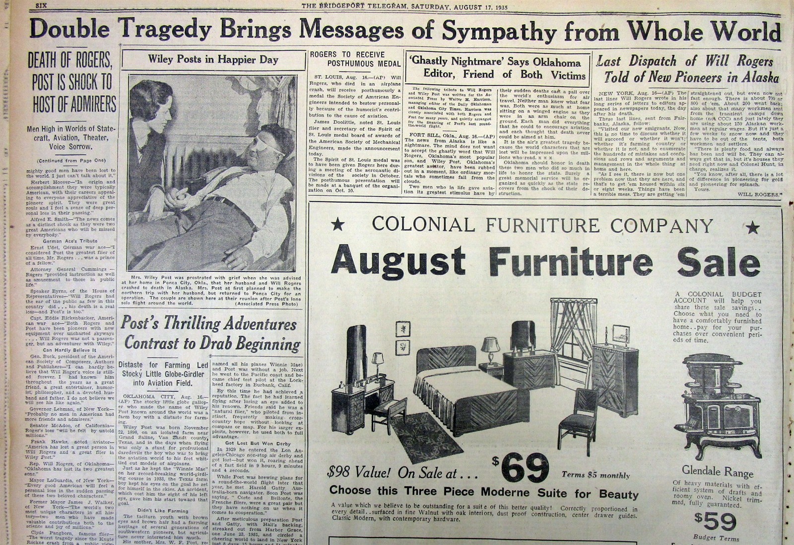 1935 newspaper WILL ROGERS & WILEY POST DIE in Alaska AVATION air plane CRASH
