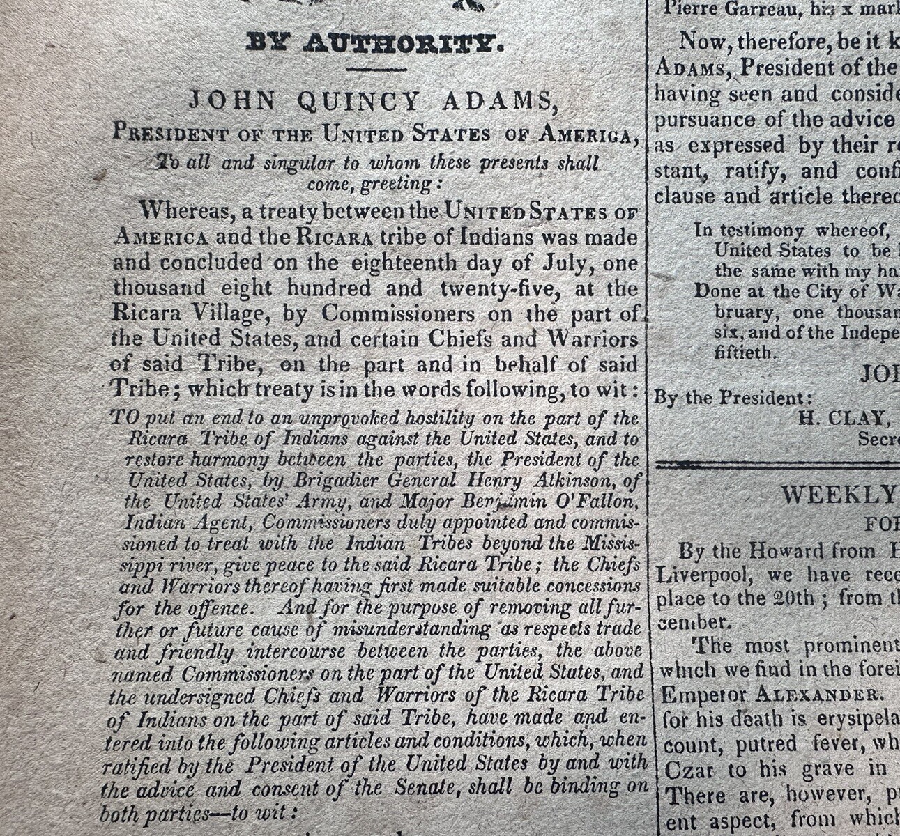 Anikara Plains Indian Tribe Peace Agreement Notice John Quincy Adams Newspaper