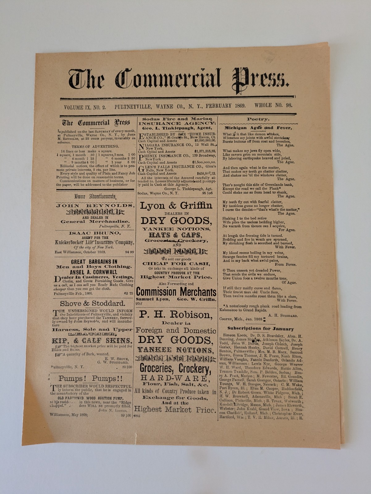 1869 Commercial Press Newspaper REPRINT Pultneyville NY Picker International