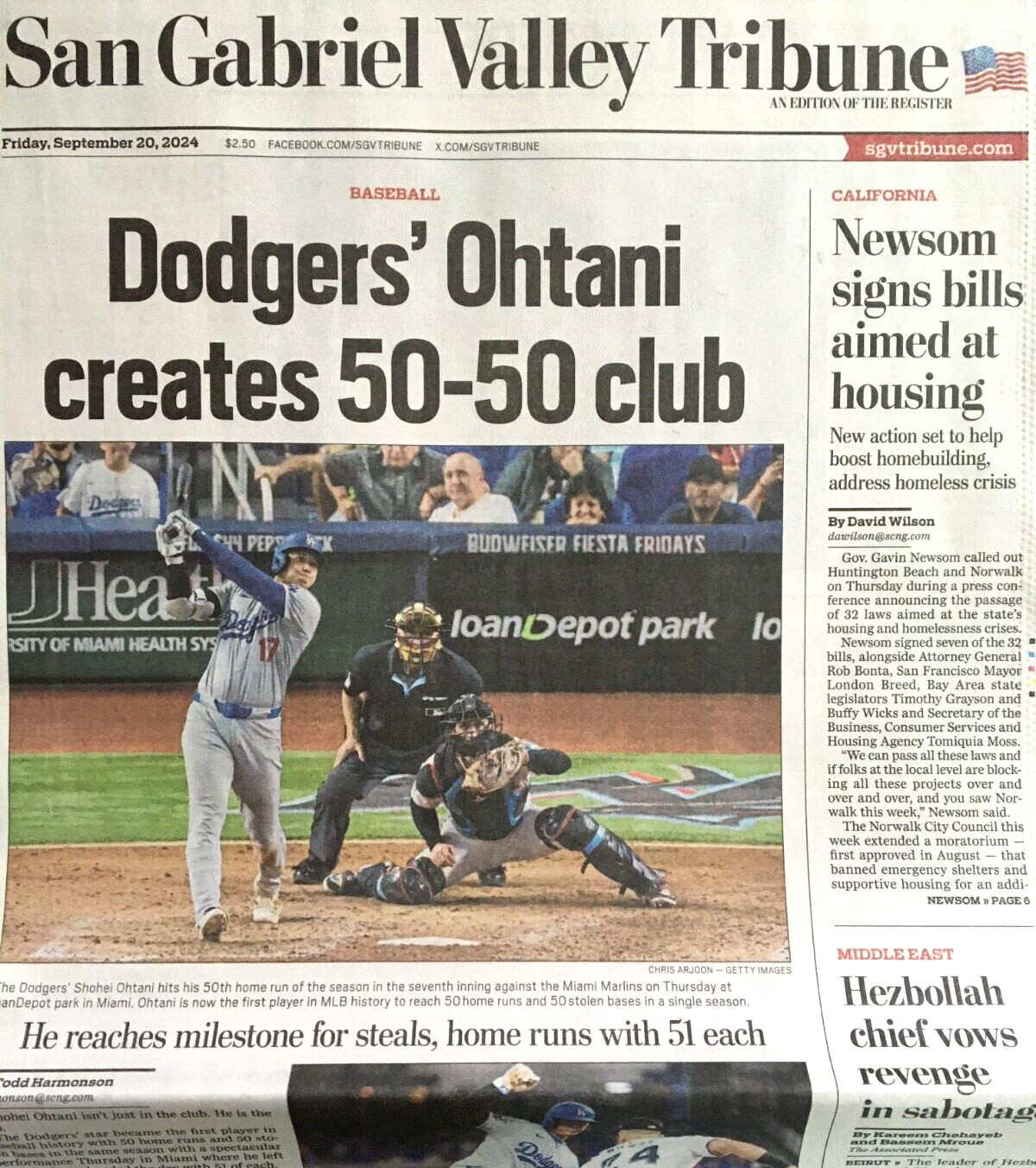 SAN GABRIEL VALLEY TRIBUNE September 20, 2024 DODGERS OHTANI CREATES 50-50 CLUB