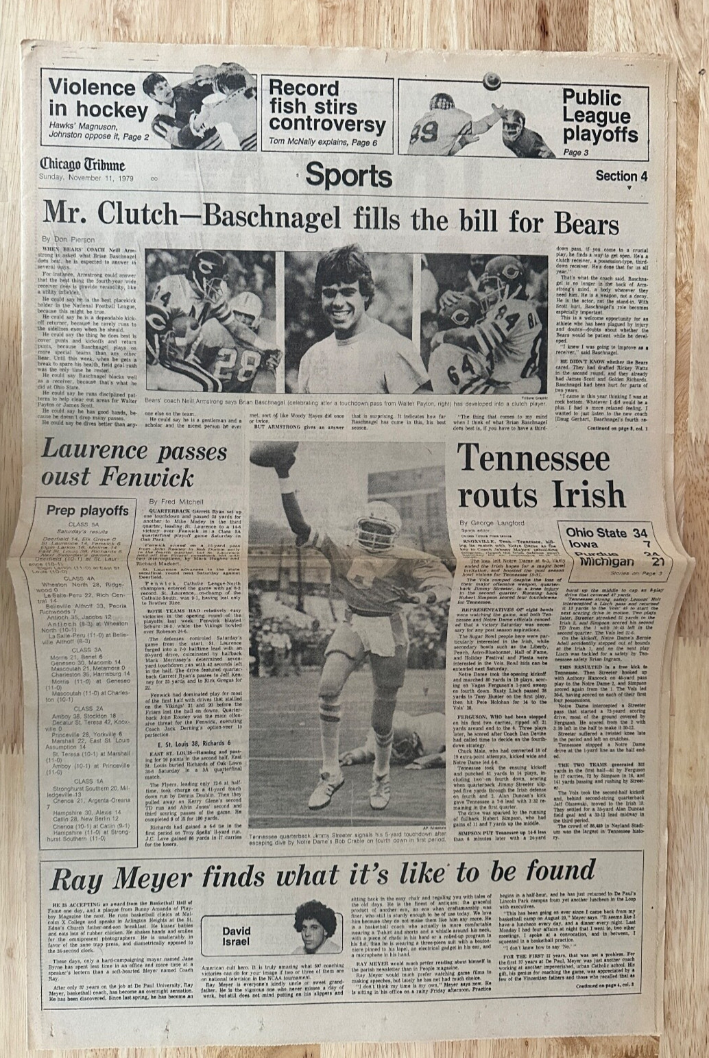 Chicago Tribune Sports 11/11/1979 – Chicago Bears, Tennessee over Notre Dame