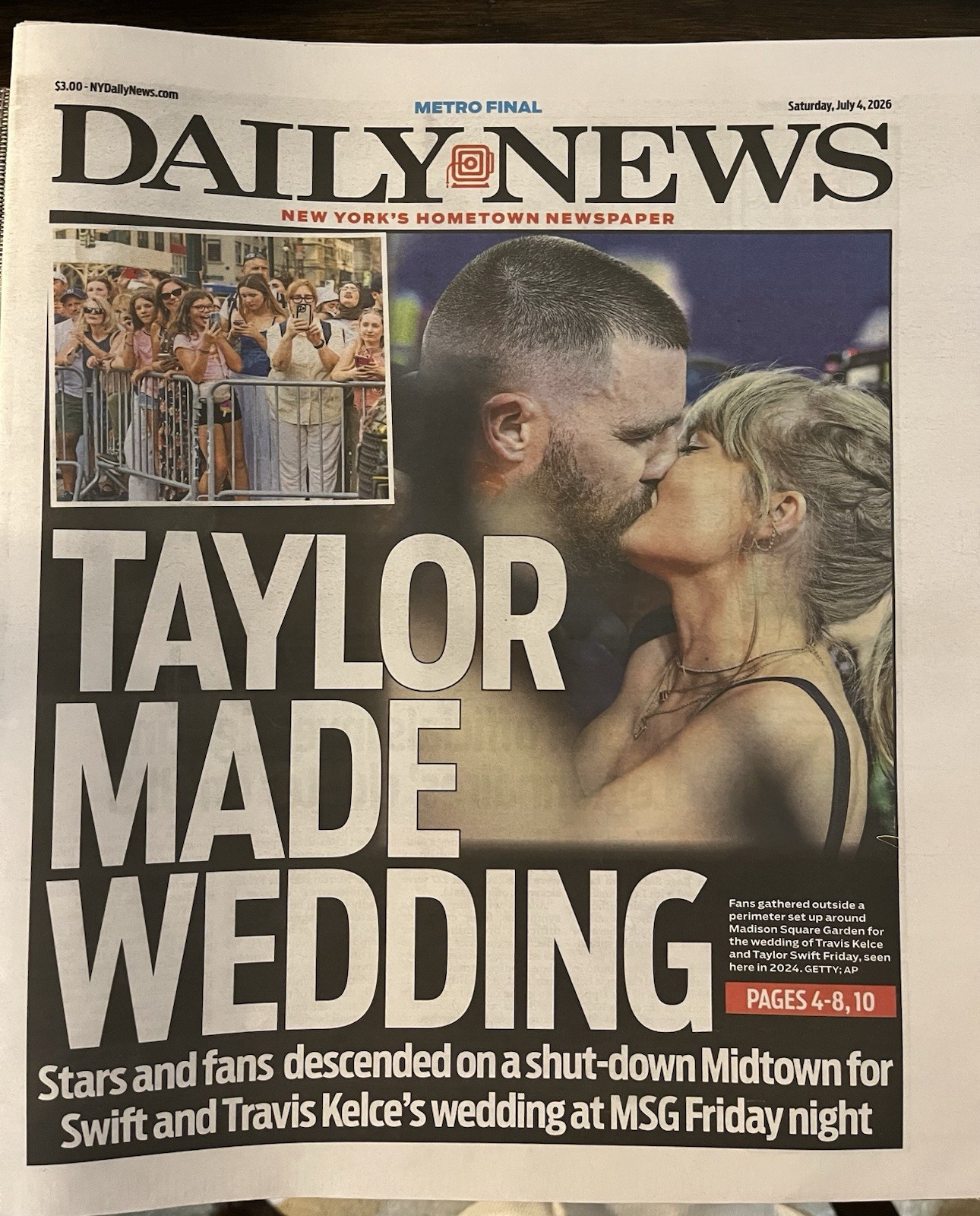 New York Daily News 7/4/26 Taylor Made Wedding Swift Travis Kelce NY Newspaper