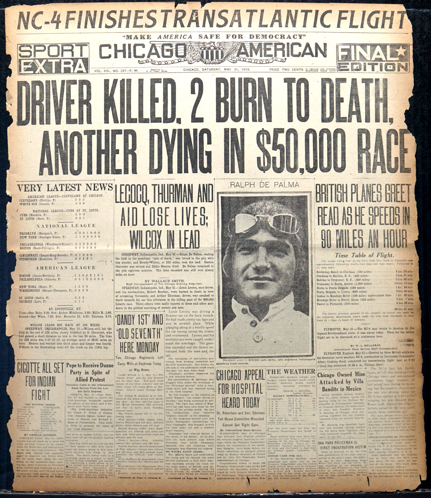 1919 Newspaper Front & Sports Page – Drivers Killed at Indianapolis 500 Race