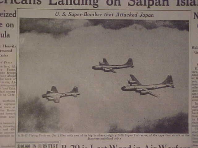VINTAGE NEWSPAPER HEADLINES~WORLD WAR 2 B-29 PLANES BOMB TOKYO JAPAN WWII 1944