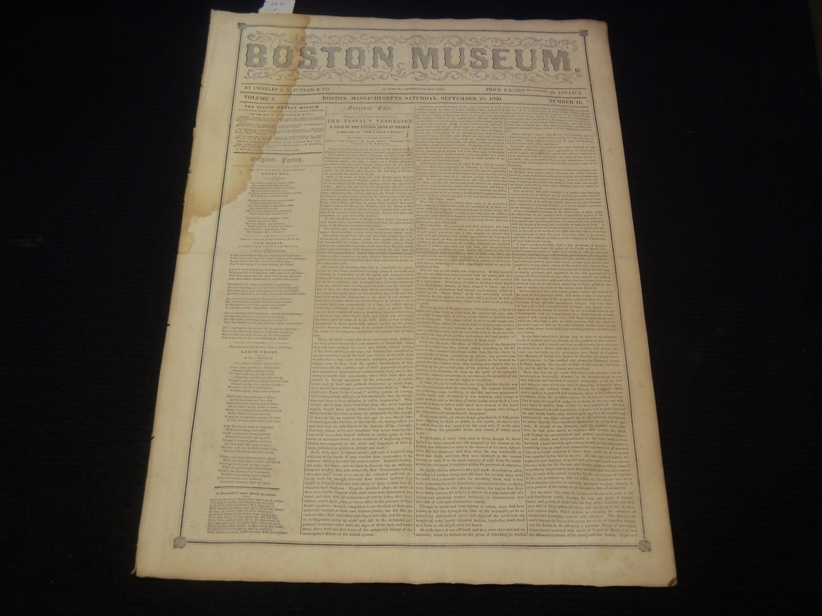 1850 SEPTEMBER 28 BOSTON MUSEUM NEWSPAPER – JENNY LIND LEADING FASHION – NP 9052