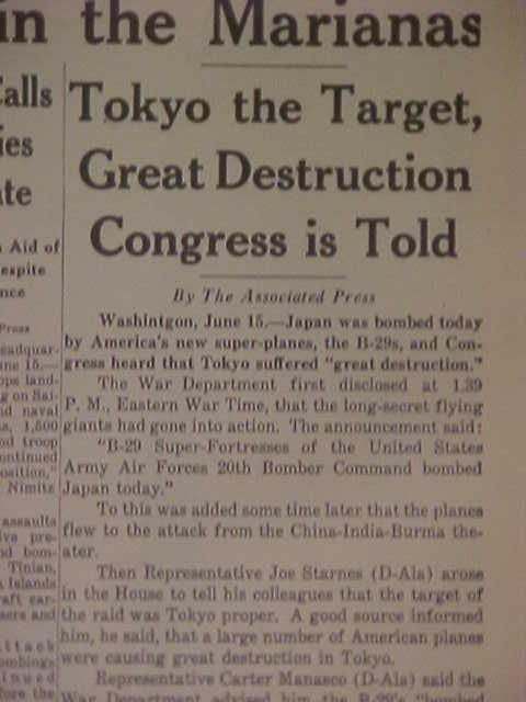 VINTAGE NEWSPAPER HEADLINES~WORLD WAR 2 B-29 PLANES BOMB TOKYO JAPAN WWII 1944