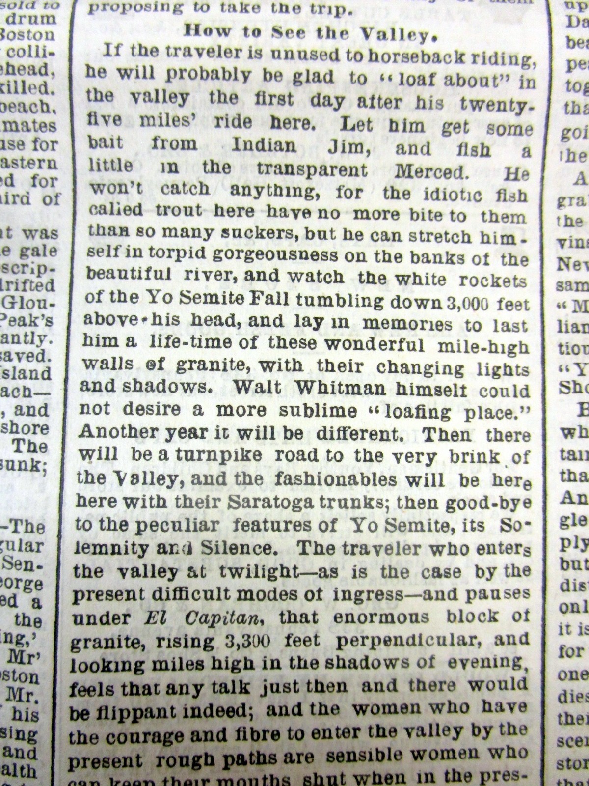 1869 newspaper w DETAILED REPORT of an early TRIP to YOSEMITE VALLEY California